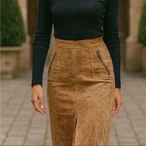 Tan Genuine Suede Leather Knee Length Skirt Front Pleat 14